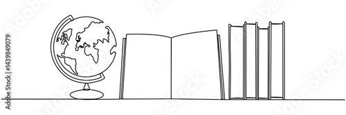 Books stack with globe continuous line drawing. Linear world map symbol. Education concept. Vector illustration isolated on white.