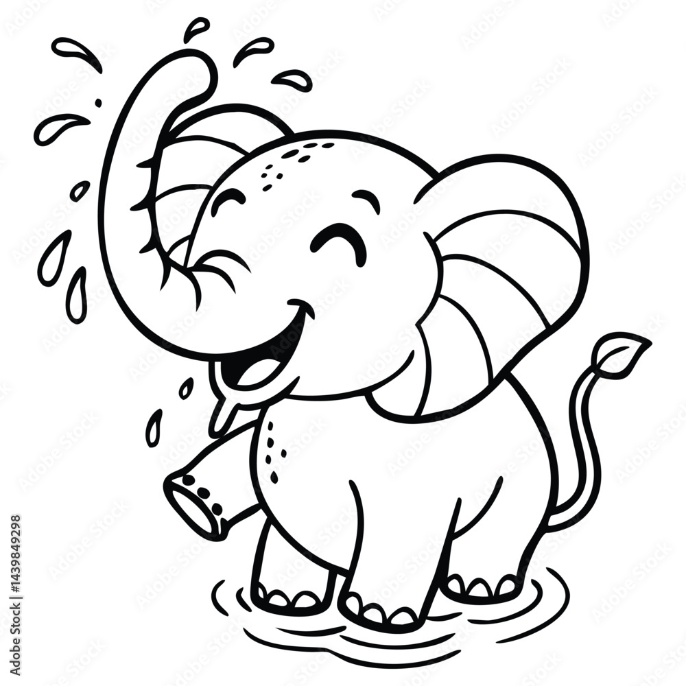 Happy cartoon elephant splashing water with trunk while standing in a puddle is on transparent background Happy cartoon elephant splashing water with trunk while standing in a puddle is on transparent background