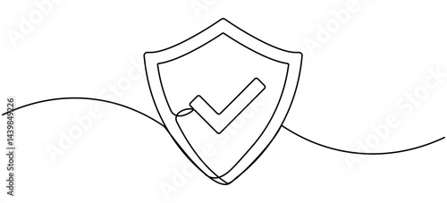 Shield badge with checkmark continuous line drawing. Protection symbol with approved mark. Guard drawing sign. Vector illustration isolated on white.
