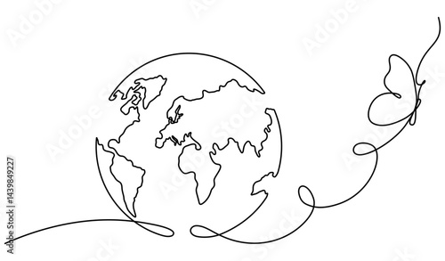 Earth globe with flying butterfly continuous line drawing symbol. World map one line art. Springtime concept. Vector illustration isolated on white background.