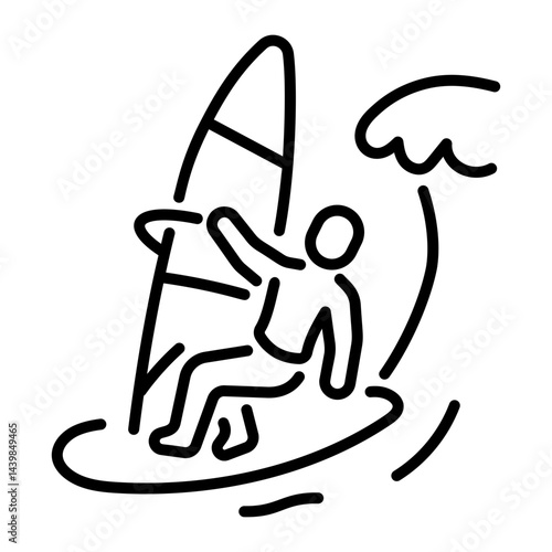 A linear icon depicting windsurfing adventure