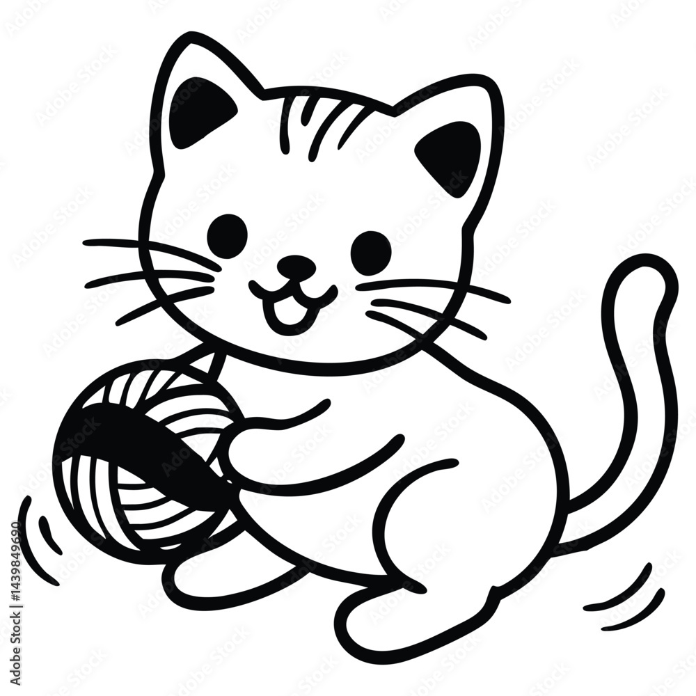 Happy monochrome kitten plays, gently tossing a yarn ball in the air, isolated Happy monochrome kitten plays, gently tossing a yarn ball in the air, isolated