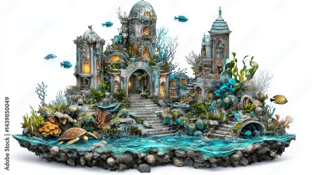 Fototapeta premium Underwater Fantasy Scene with Coral, Architecture, and Marine Life