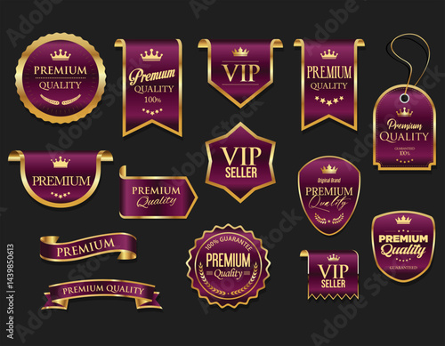 Golden luxury labels and badges premium quality certificate ribbons vector illustration  