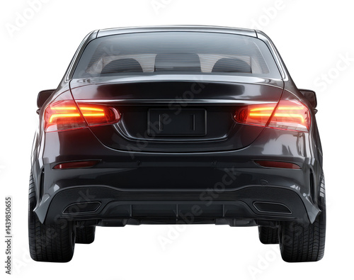 Modern Black Sedan Car Rear View Isolated on White 