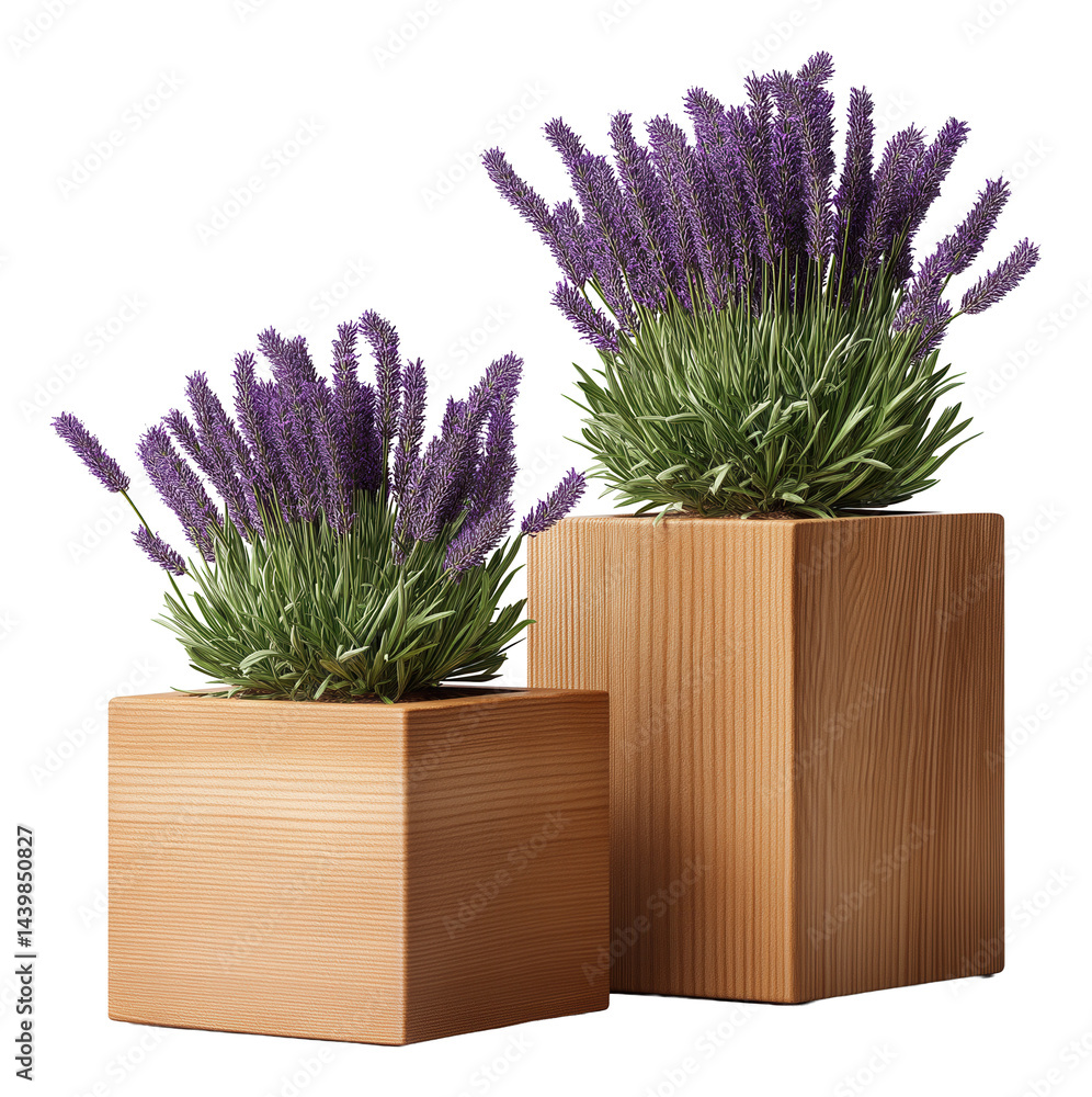 Two wooden planters with vibrant purple lavender plants.
