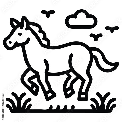 Outlined horse gracefully trots across grassy land as birds fly under a cloud