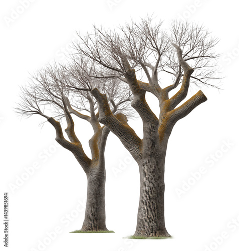 Obraz na płótnie Two leafless trees with thick trunks and intricate branches standing side by side. w salonie