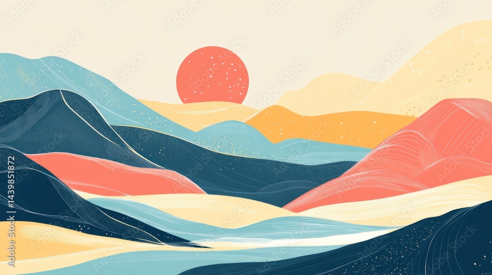 Vibrant pastel mountainscape with sun