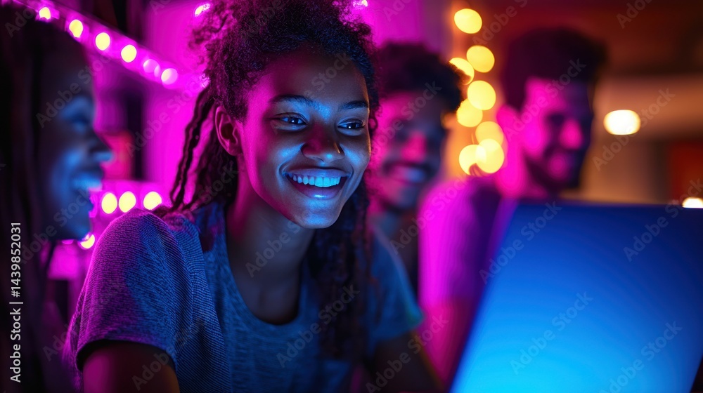 Friends smiling looking at a bright laptop screen Friends smiling looking at a bright laptop screen