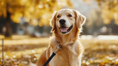 Playful golden retriever with leash on ground, joyful expression in natural light. Pure happiness and carefree spirit of a beloved pet.
