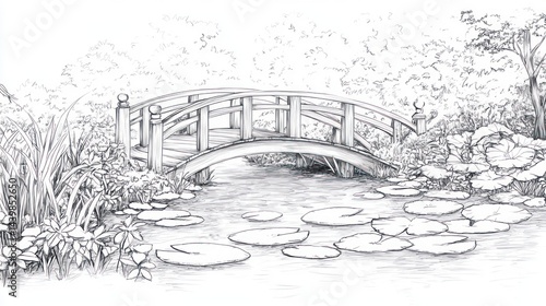 Wallpaper Mural Serene Garden Bridge Sketch Pond, Lilies, Peaceful Design Torontodigital.ca