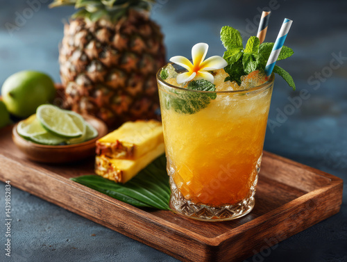 Refreshing Tropical Cocktail with Pineapple, Lime, Mint, and Flower on Wooden Tray