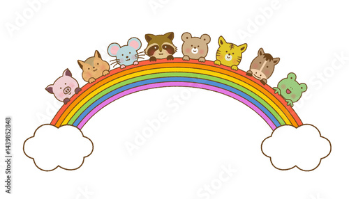 手書き風　虹の上に並ぶかわいい動物たち｜ベクター素材｜フレームや飾りに
