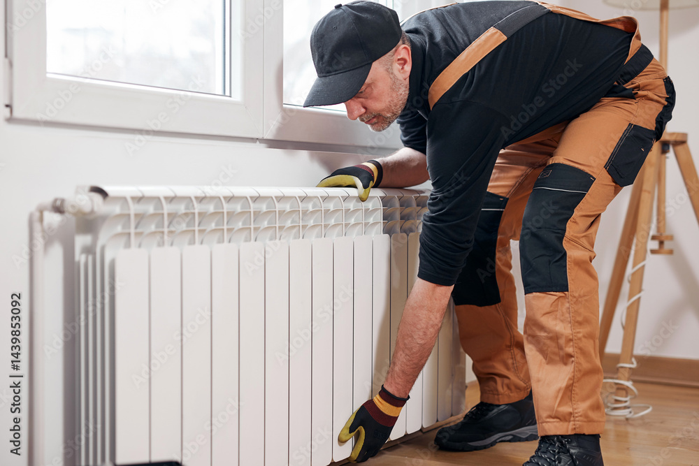 Central heating mechanic and handyman fixing home radiator, gas crisis and seasonal issues.