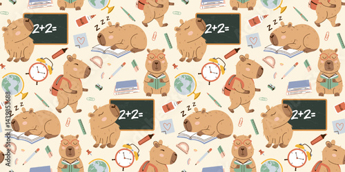 Seamless back to school pattern with cute capybara characters and supplies in doodle style. Warm brown, pastel colors on beige background. Perfect for fabric, wrapping paper, stationery, kids products