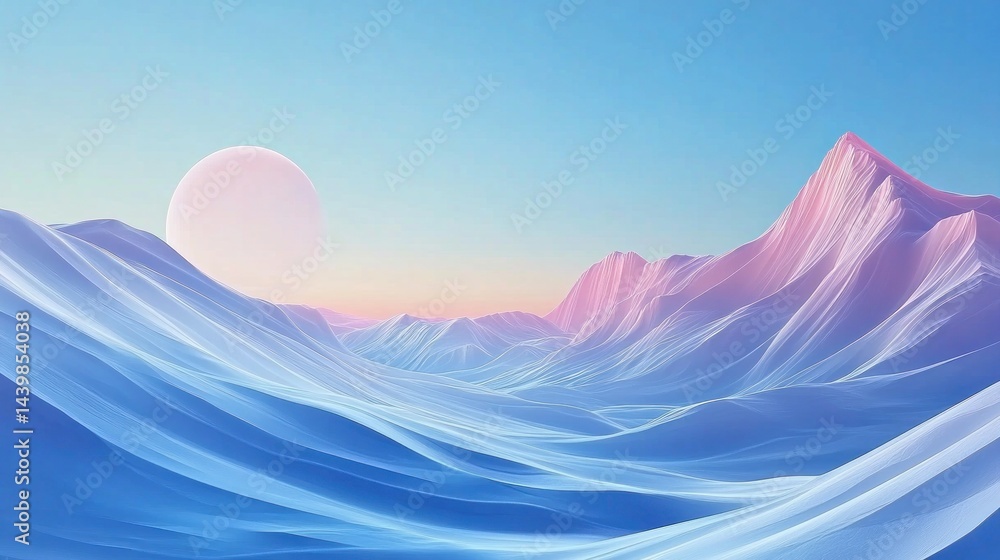 Pastel mountain landscape, sunrise or sunset, ethereal beauty