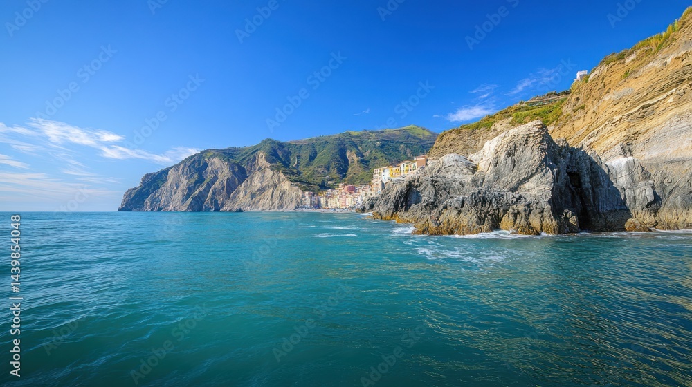 Fototapeta premium Coastal village, cliffside houses, turquoise sea, sunny day, travel destination