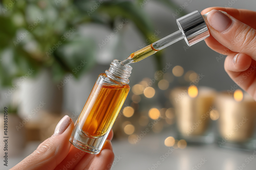 Hand holding dropper with essential oil above glass bottle. Skincare serum drop falling from glass pipette. Natural cosmetics, self-care and wellness concept