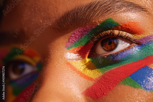 Close-up of eyes with vibrant colorful face paint and sparkles. LGBT pride makeup look with rainbow colors. Concept of self expression, diversity and inclusion