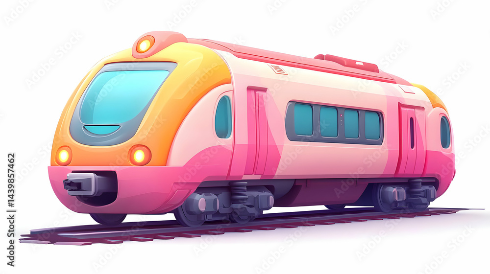 Naklejka premium Cartoon Pink and Yellow Pixel Art Train on Railroad Tracks Against White Background