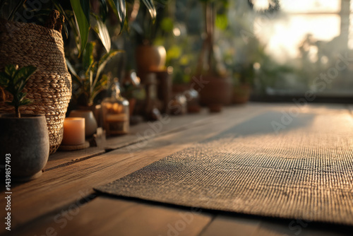 Cozy living room interior with woven yoga mat on wooden flooring, green plants and morning sunlight. Concept of peaceful home relaxation and mindfulness