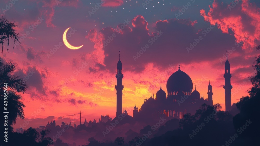 Silhouette of a mosque at twilight, crescent moon, and starry sky