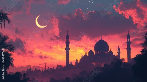 Obraz na płótnie Silhouette of a mosque at twilight, crescent moon, and starry sky w salonie