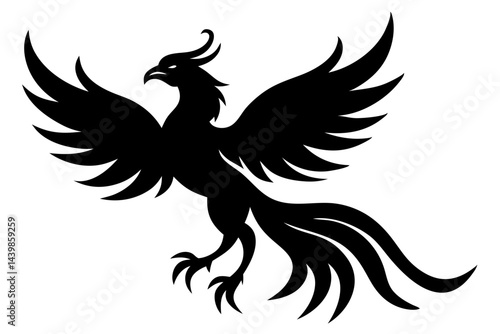 Elegant black phoenix bird spreading wings simple mythical creature illustration, phoenix, bird, mythical, creature, animal, black, silhouette, vector, illustration, graphic, design, tattoo, firebird