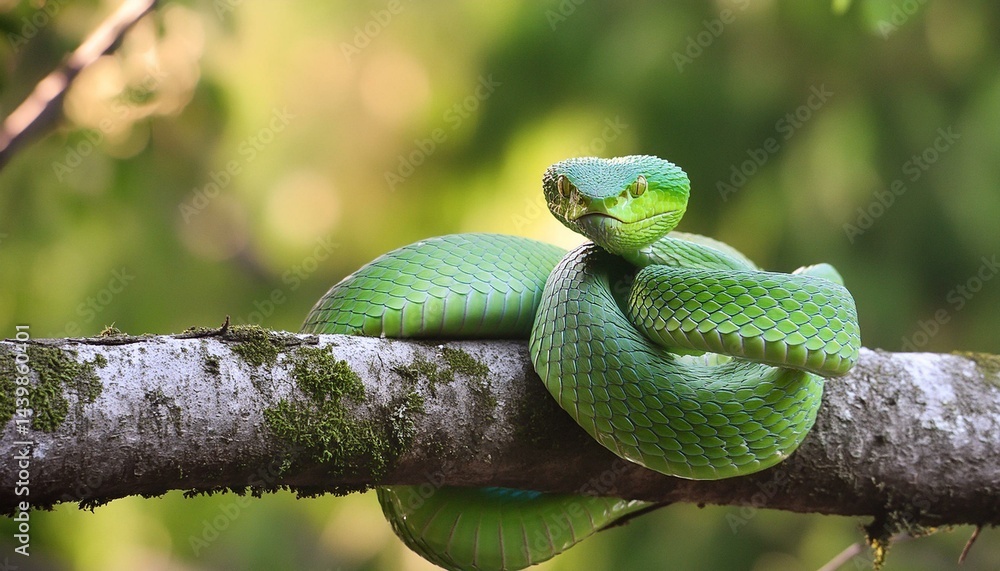 Green viper snake on a tree branch in a forest looking towards camera. AI generated image.