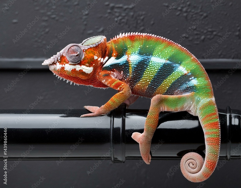 Colorful chameleon sitting on black bathroom pipe. AI generated image.