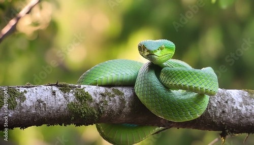 Obraz na płótnie Green viper snake on a tree branch in a forest looking towards camera. AI generated image. w salonie
