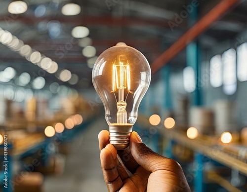 Obraz na płótnie Black ethnicity worker hand holding a bright lit lightbulb with industrial factory interior in background. AI generated image. w salonie