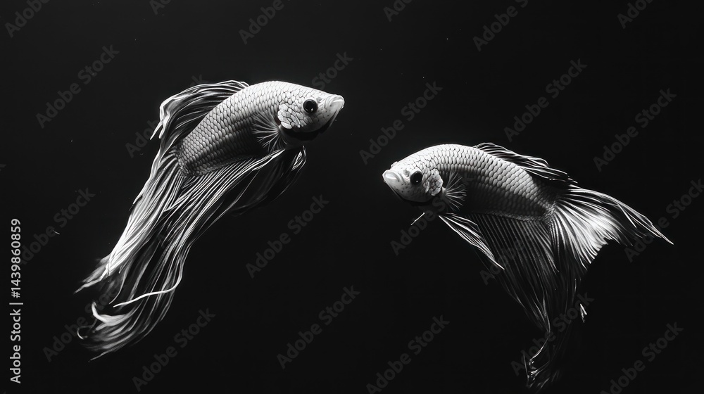 Two betta fish gracefully swim in dark water