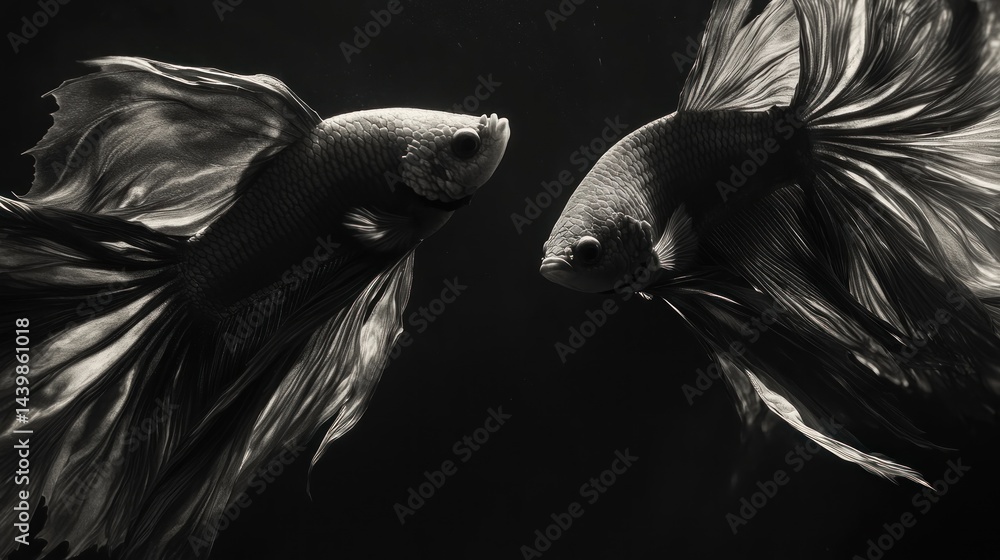 Two betta fish in graceful motion, contrasted in a dark, dramatic underwater scene