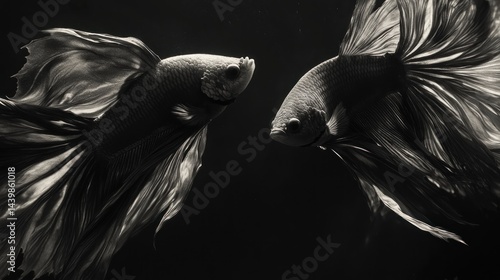 Obraz na płótnie Two betta fish in graceful motion, contrasted in a dark, dramatic underwater scene w salonie