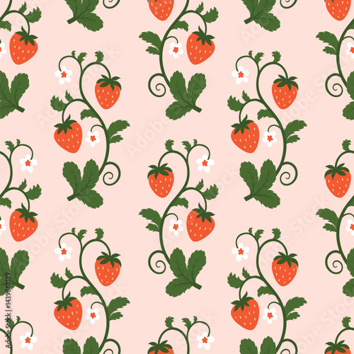 Ripe Strawberry Seamless Pattern with Branch, Berries, Flowers and Leaves on Light Pink Background. Cute Summer Fruit Design for Fabric, Wrapping Paper, Kitchen Textile or Packaging
