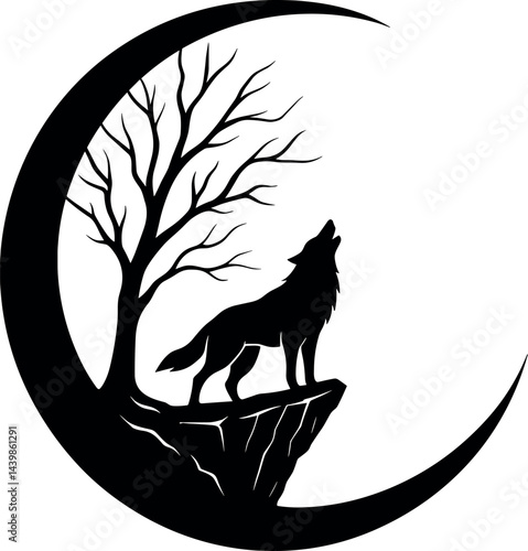 Wolf Howling vector black silhouette print design