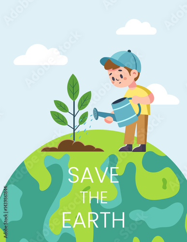 Environment Day. Earth Day. Boy watering a plant, planet Earth. Caring for nature and ecology. Vector illustration on isolated background