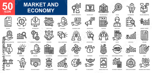 Market and Economy icon set collection. Market growth, market analysis, digital economy, global economy, cash flow icon. Simple line vector.