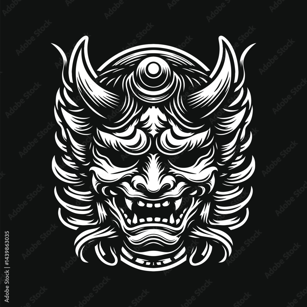 Stylized Mask Illustration with Horns and Sharp Teeth on Black Stylized Mask Illustration with Horns and Sharp Teeth on Black