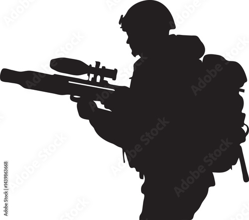 Black flat silhouette vector icon, Rocket launcher RPG on soldier’s shoulder, Silhouette