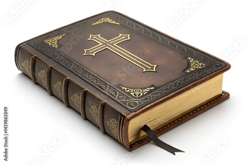 Vintage Holy Bible with Cross on Cover Isolated on White