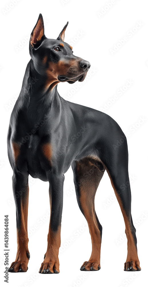 Elegant Doberman standing alert with a sleek black and tan coat. Elegant Doberman standing alert with a sleek black and tan coat.