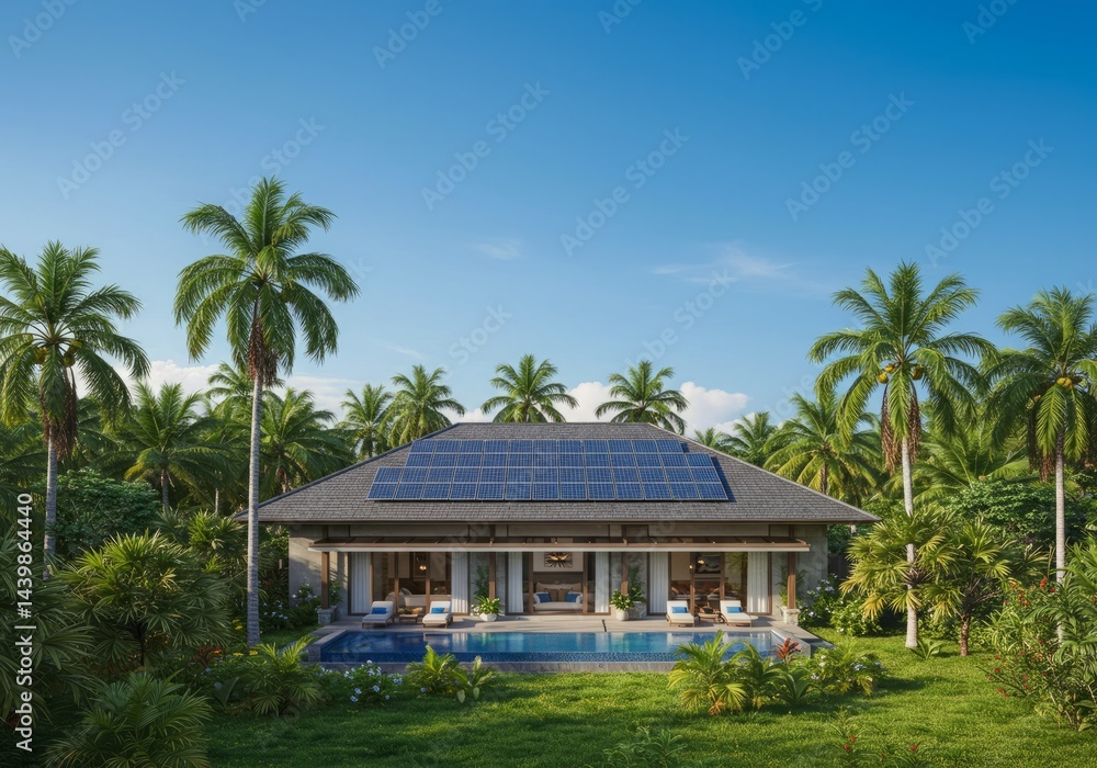 Luxury villa with solar panels and swimming pool surrounded by palm trees Luxury villa with solar panels and swimming pool surrounded by palm trees
