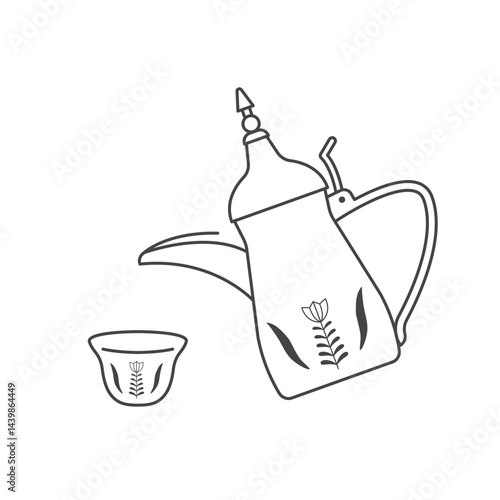 Arabic coffee pot and cup line icon set. Traditional kahwa coffee with dalla pot. Vector illustrational