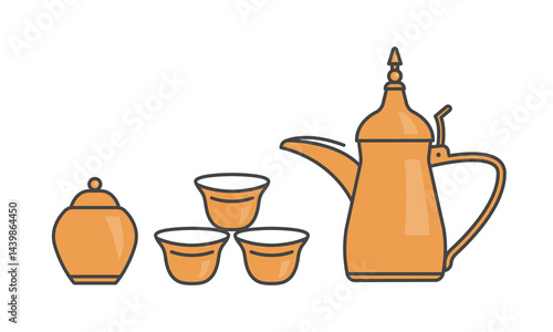 Coffee Pot Dalla with cups and sugar bowl. Vector illustration
