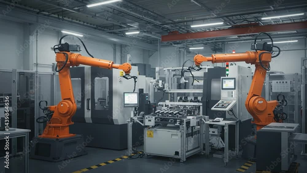 Orange robotic arms working on a production line in a modern industrial facility. Orange robotic arms working on a production line in a modern industrial facility.