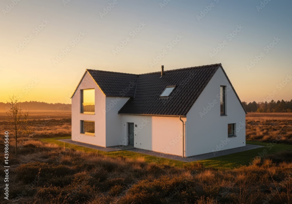 Modern white house stands in golden light of sunrise in a field Modern white house stands in golden light of sunrise in a field