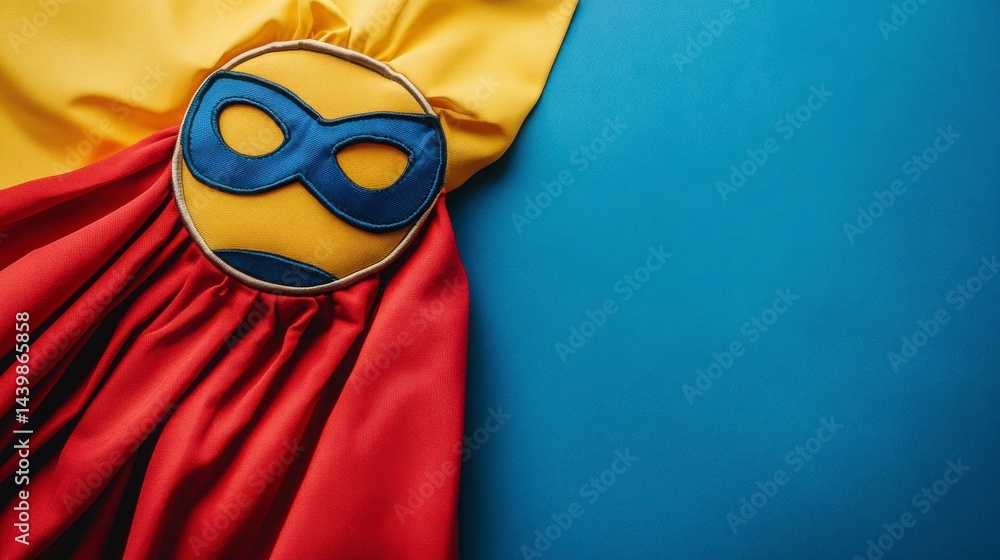 Fototapeta premium Colorful superhero cape and mask on a vibrant blue background